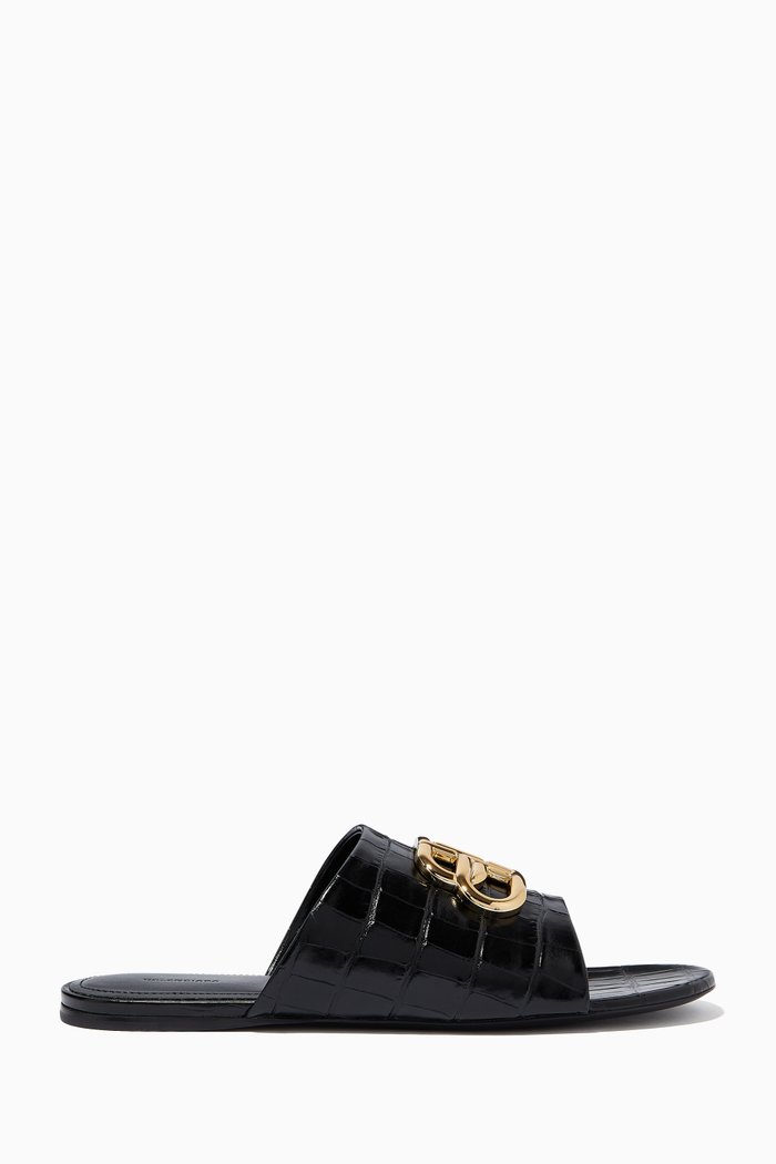 Oval BB Mules in Shiny Crocodile Embossed Calfski, Black