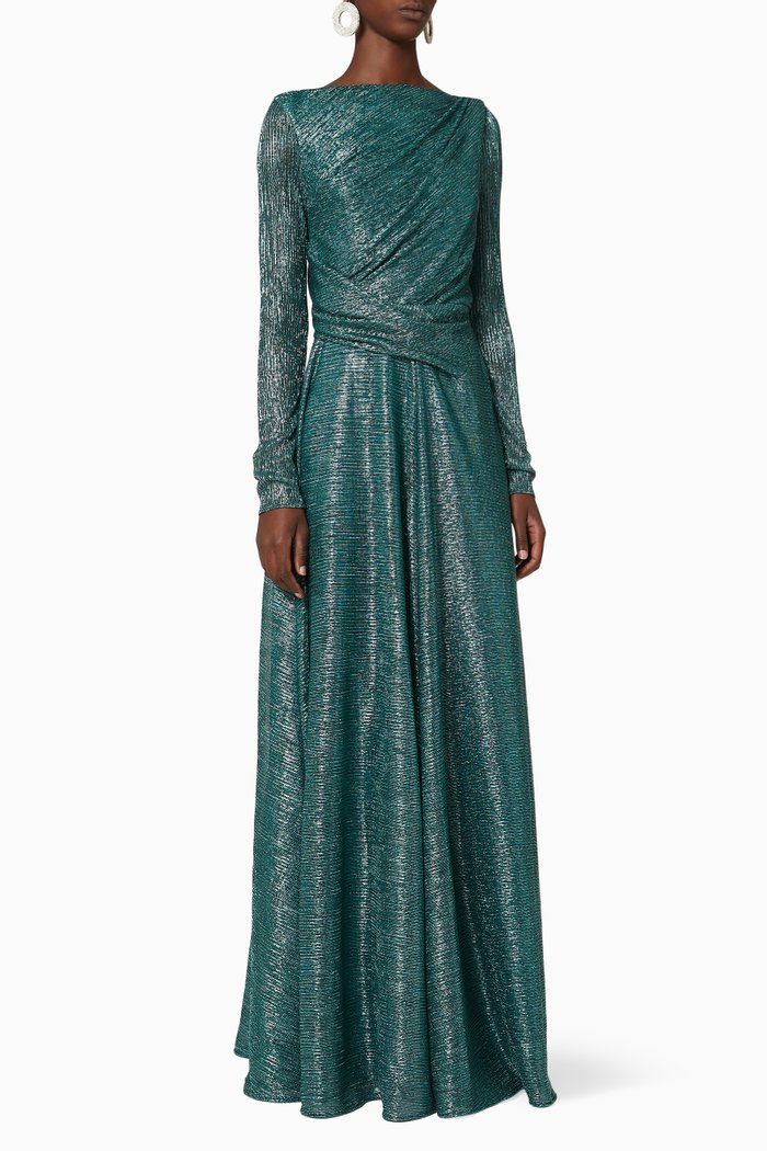 

Metallic Voile Ruched Dress, Green
