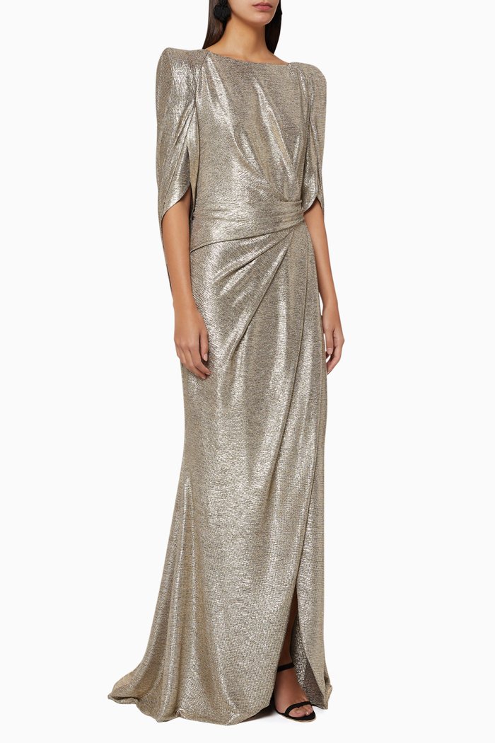 

Socrates Metallic Cape Evening Gown, Silver