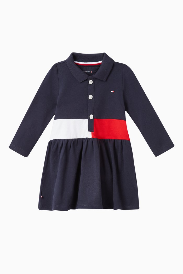 Colour Blocked Cotton Blend Polo Dress, Blue