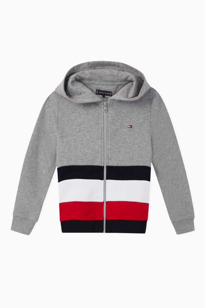 Global Stripe Colour-Blocked Zipped Hoodie, Grey