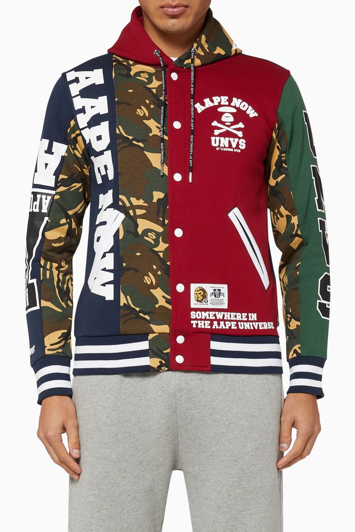 

Camo Jersey Hooded Varsity Jacket, Blue
