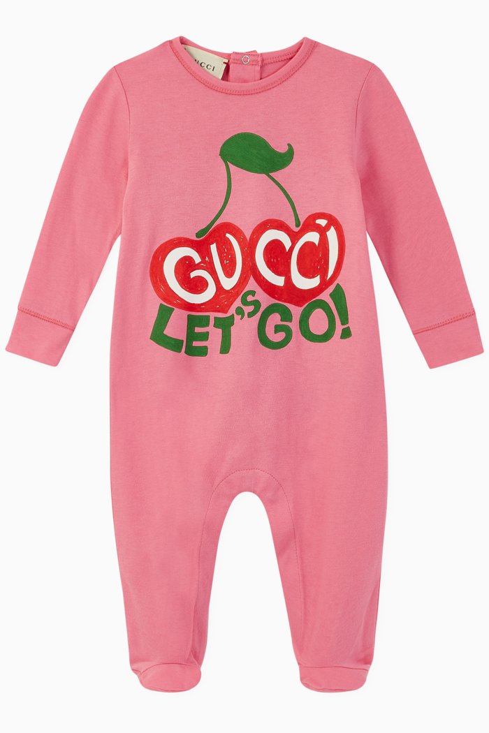 

"Let's Go" & Cherries Print Cotton Onesie, Pink