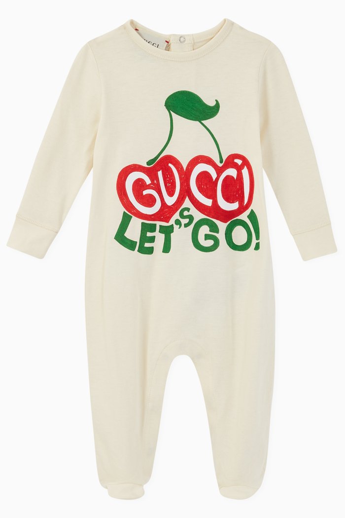 

"Let's Go" & Cherries Print Cotton Onesie, White