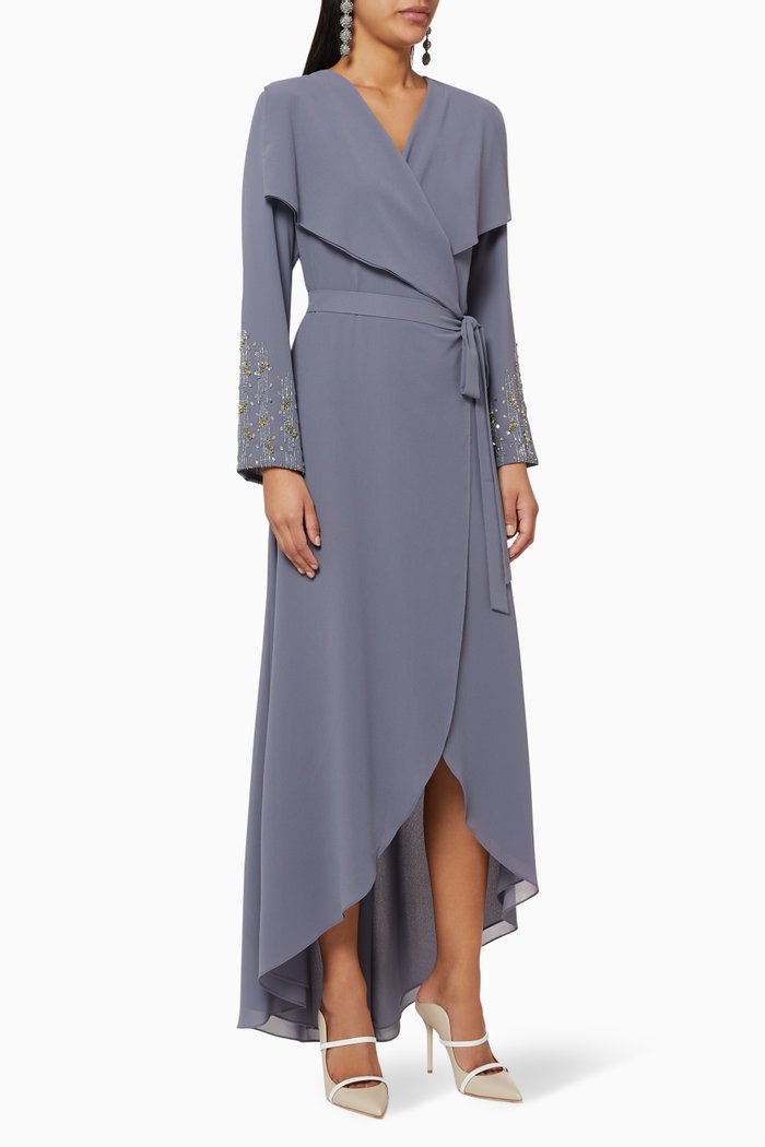 

Embroidered Wrap Belted Kaftan, Blue