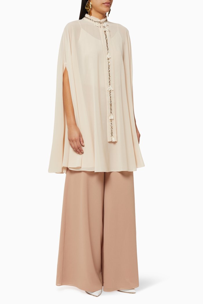 

Embroidered Chiffon Cape & Palazzo Pants Set, Neutral