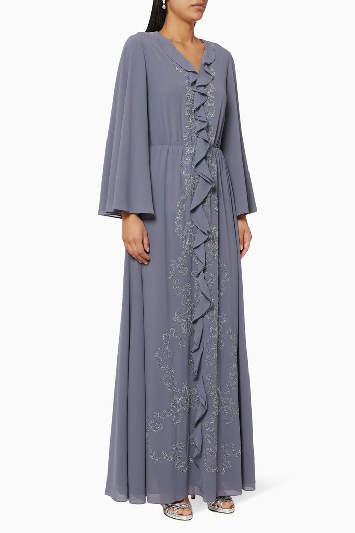 Embroidered Ruffle Chiffon Kaftan, Blue