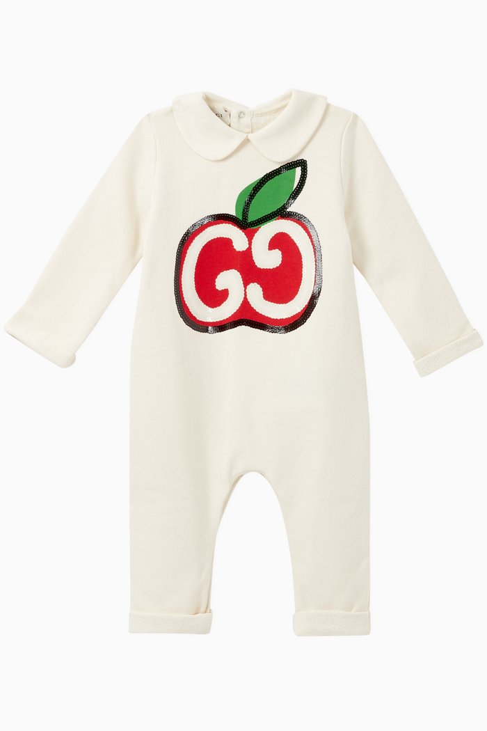 

GG Apple Print Cotton Onesie, White