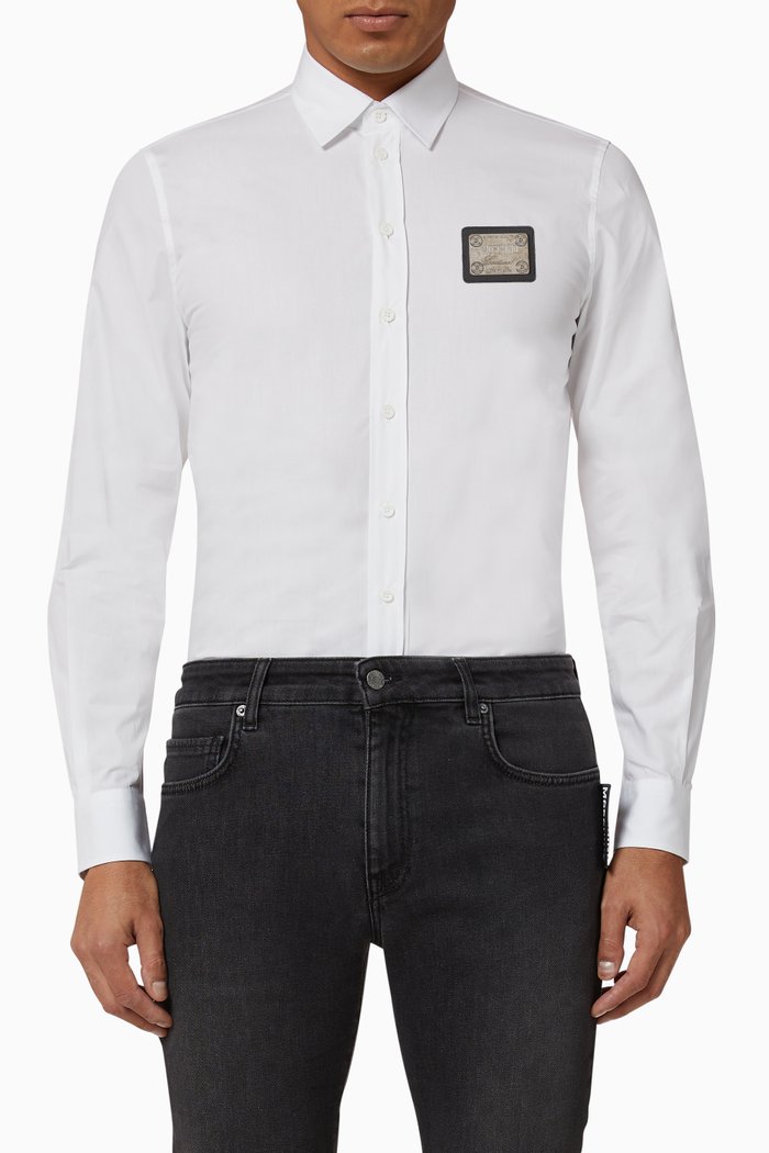 

Metal Label Cotton Poplin Shirt, White