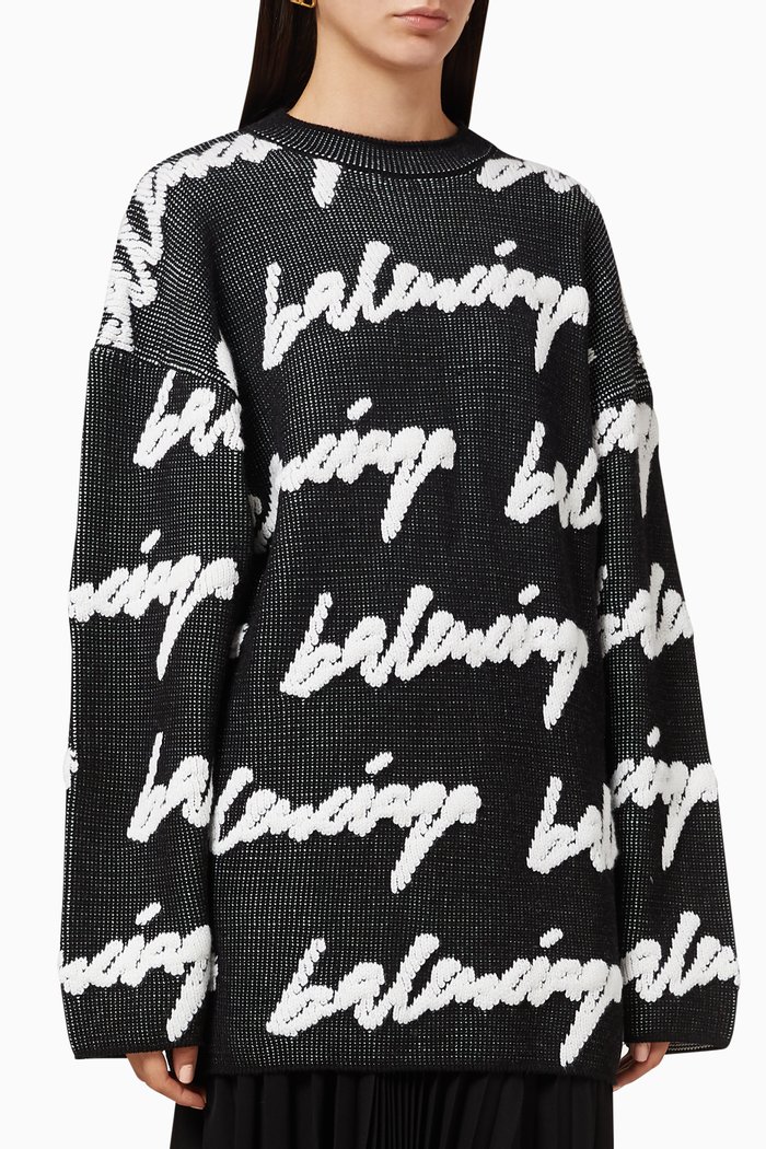 Crewneck in 3D Scribble Cotton Knit, Black