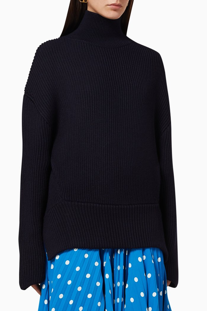 Upside Down High Neck in Wool Knit, Blue