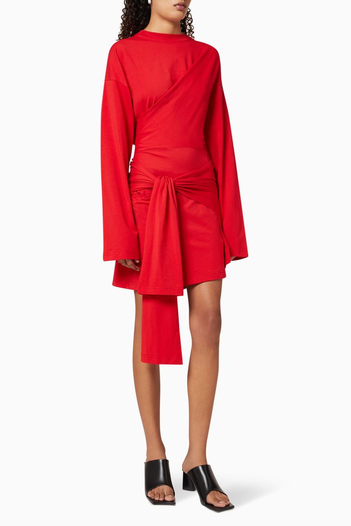 Tab Short Wrap Dress in Stretch Jersey, Red