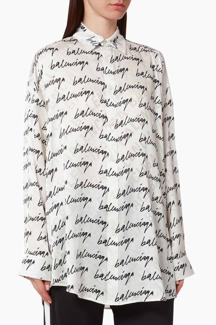 Blouse in Scribble Printed Silk Jacquard, White
