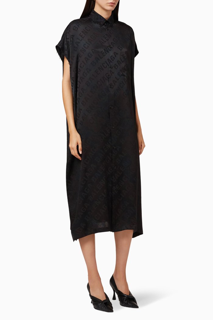 

Allover Logo Rawcut Sleeveless Dress in Silk Jacquard, Black