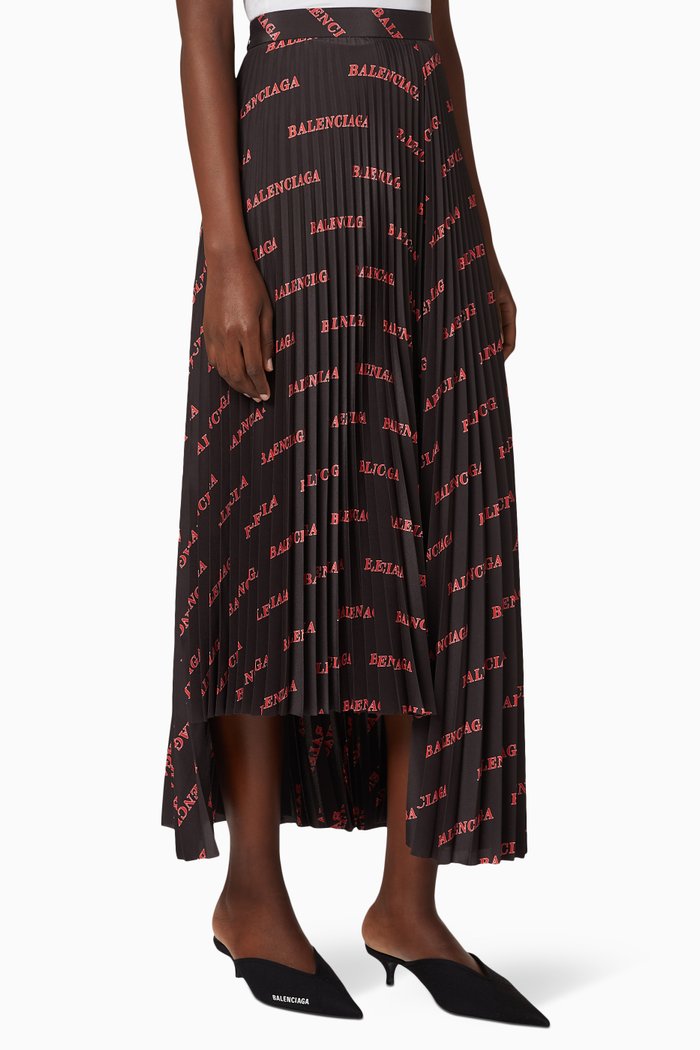 

Allover Sporty Logo Asymmetric Pleated Skirt in Light Crepe, Black