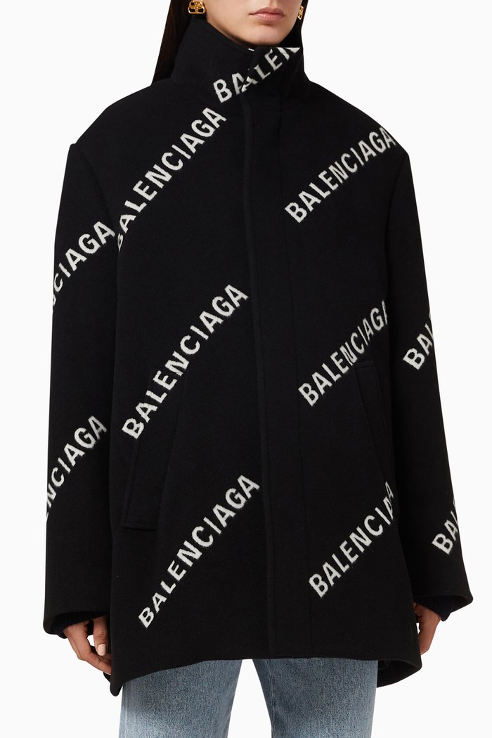 

Allover Logo A-shape Coat in Jacquard Wool & Cashmere, Black