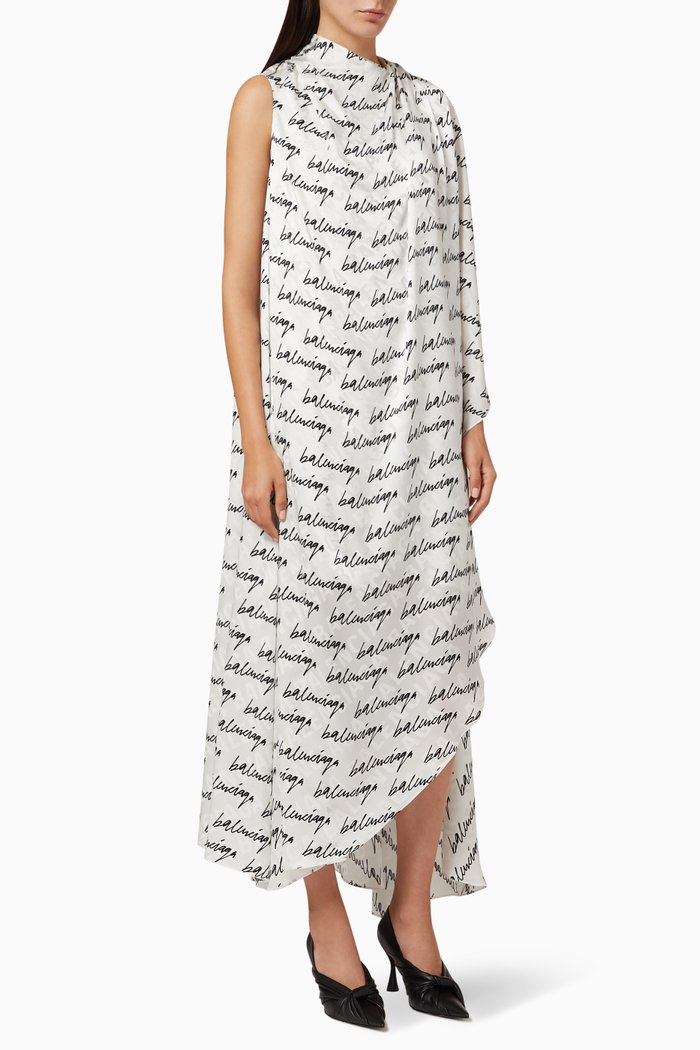 

Stola Dress in Scribble Printed Jacquard Silk, White