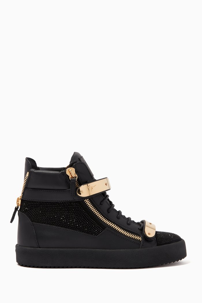 

High-Top Sneakers in Crystal-Embellished Leather, Black