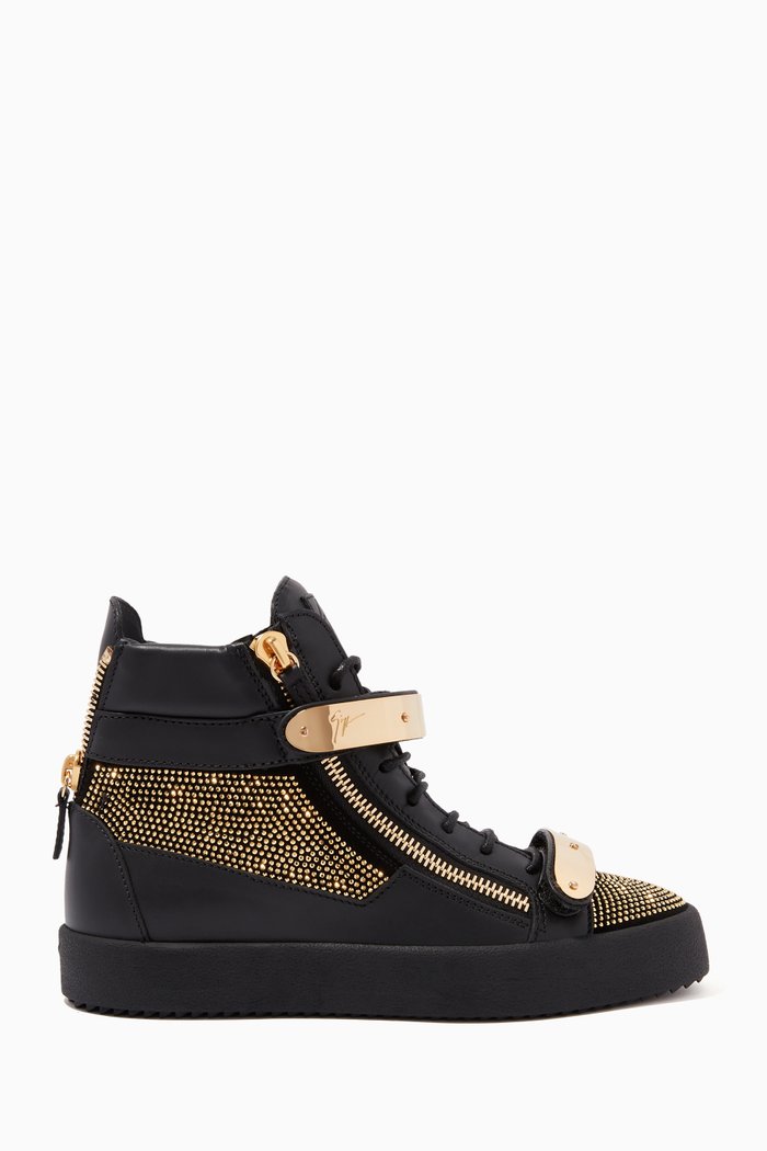 

High-Top Sneakers in Crystal-Embellished Leather, Black