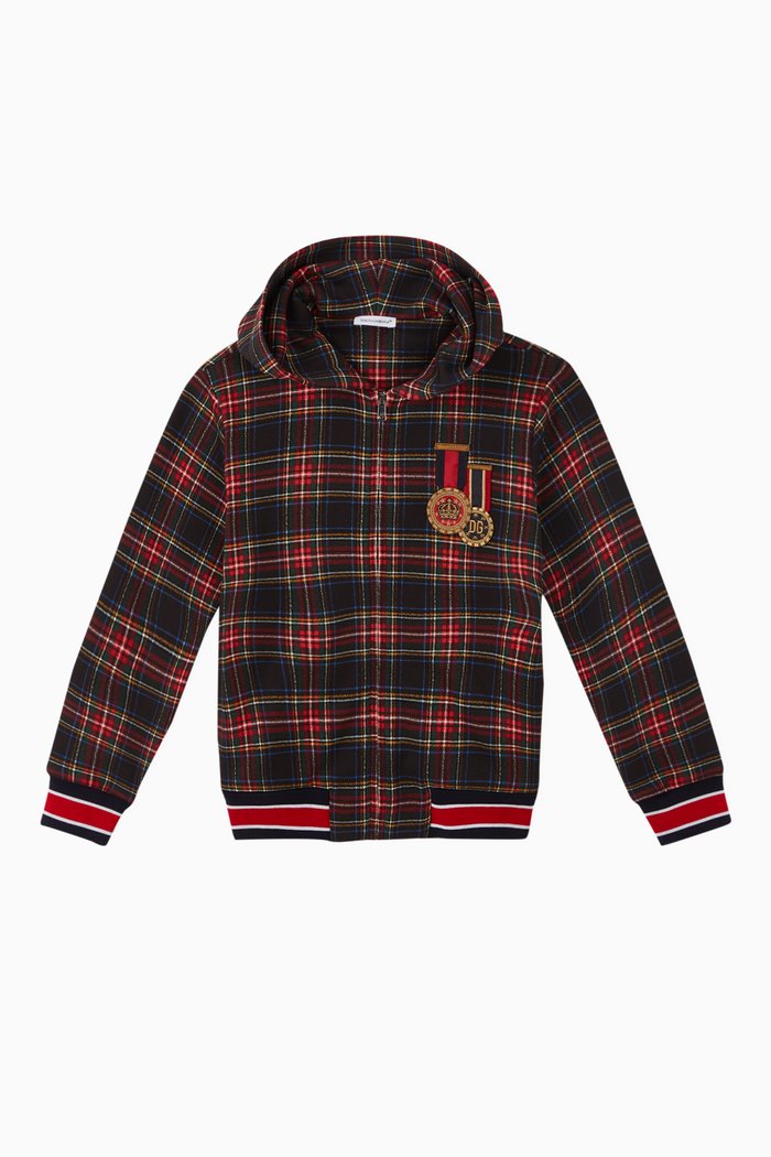

Checkered Zip-Up Cotton Hoodie, Black