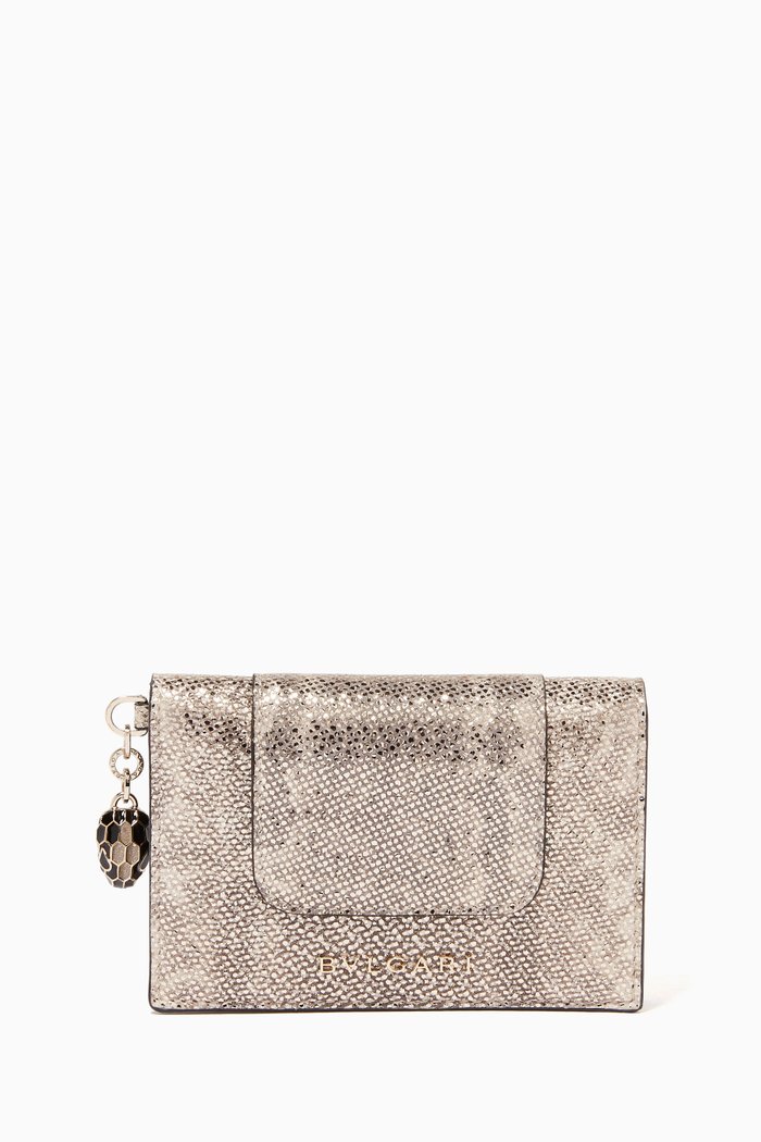 

Serpenti Forever Folded Card Holder in Metallic Karung Leather, Neutral