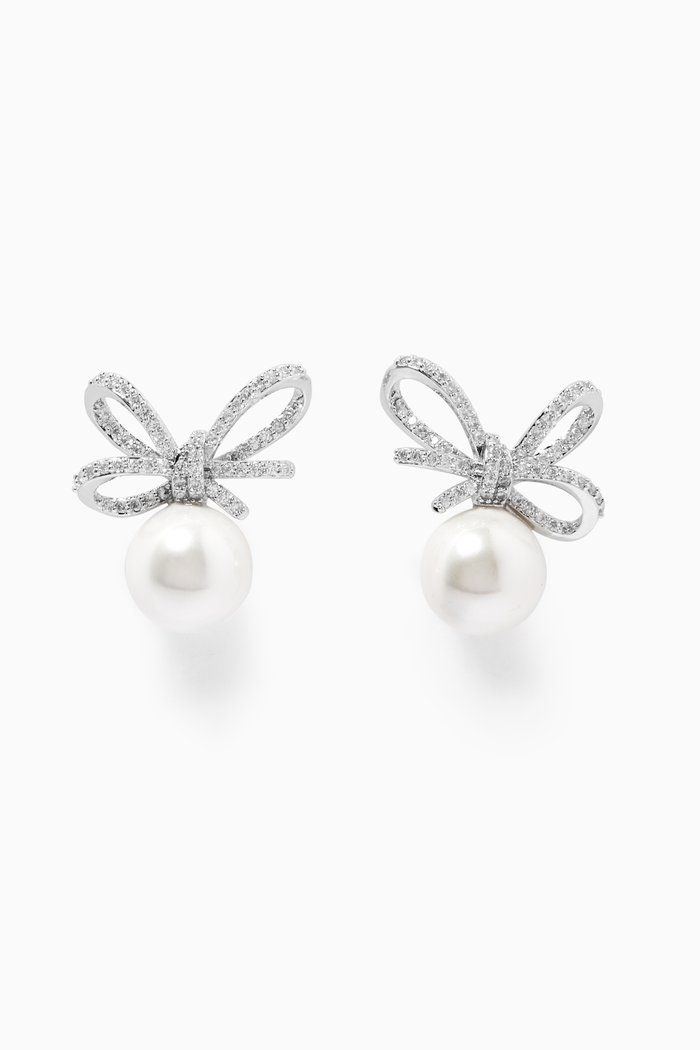 

Baguette Bow Pearl Stud Earrings, Silver