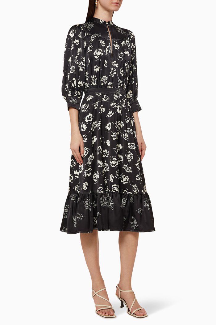 Rose-Print Satin Dress, Black