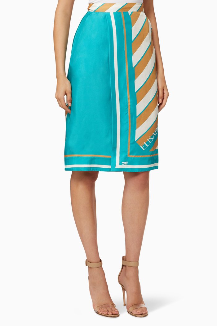 Foulard Print Silk Skirt, Blue
