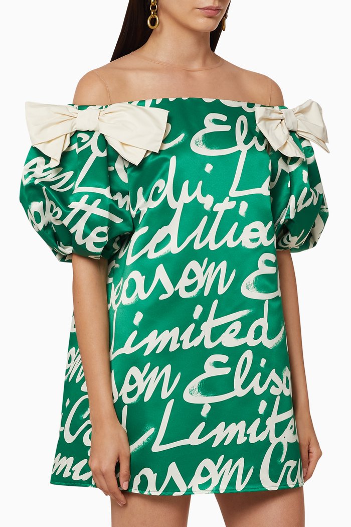 

Macro Wording Satin Mini Dress, Green