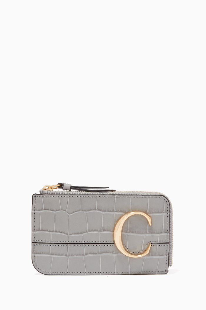 

Chloé C Coin Purse in Crocodile-Embossed Calfskin, Grey