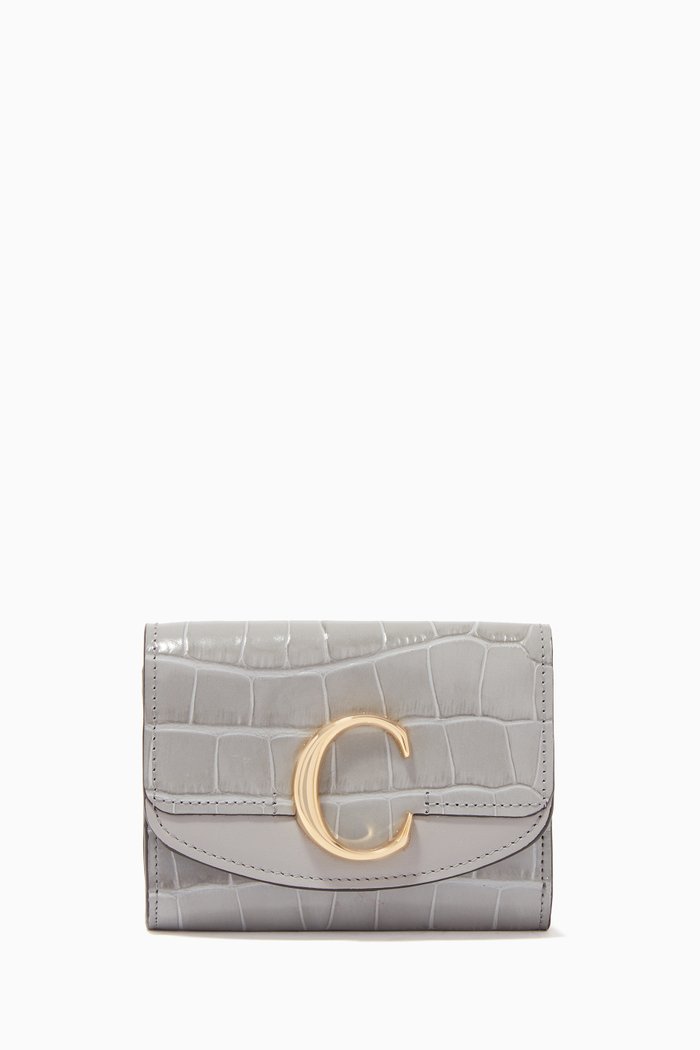 

Chloé C Small Tri-fold Wallet in Crocodile-Embossed Shiny Calfskin, Grey