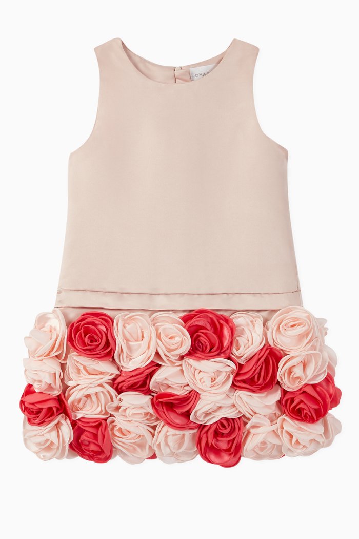 

Floral Appliqué Satin Dress, Pink