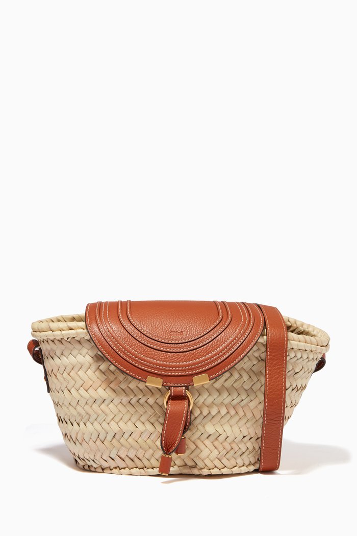 

Small Marcie Basket Bag in Raffia & Grained Calfskin, Brown