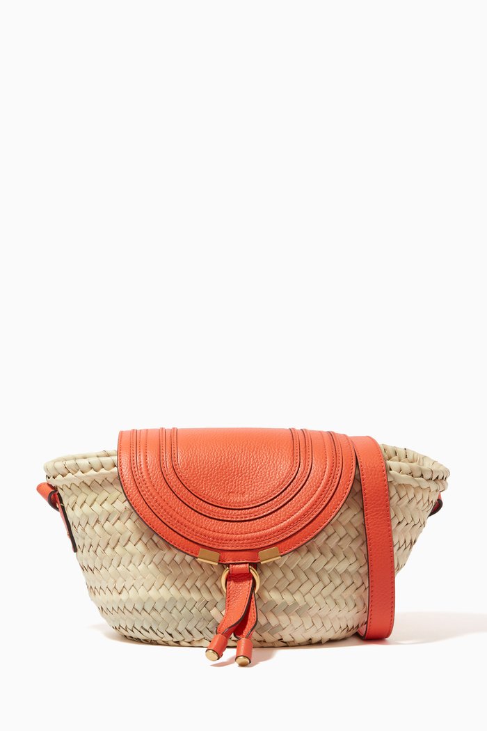 

Small Marcie Basket Bag in Raffia & Grained Calfskin, Orange