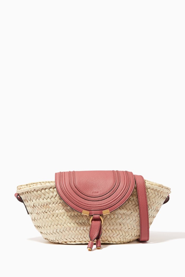 

Small Marcie Basket Bag in Raffia & Grained Calfskin, Pink
