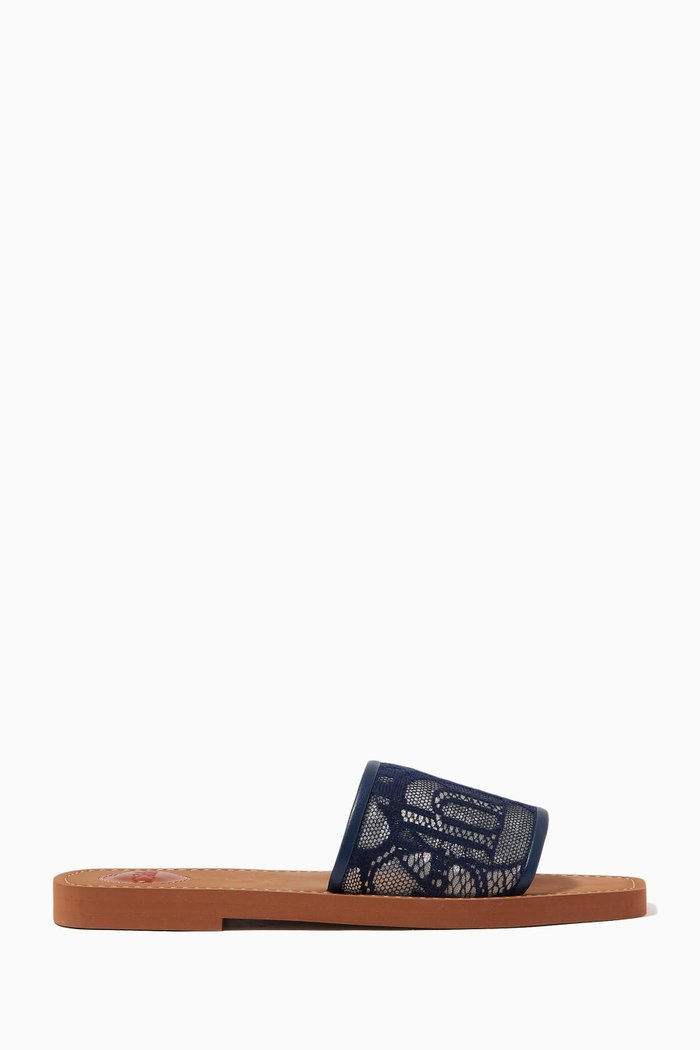 

Woody Flat Mule Sandals in Lace, Blue