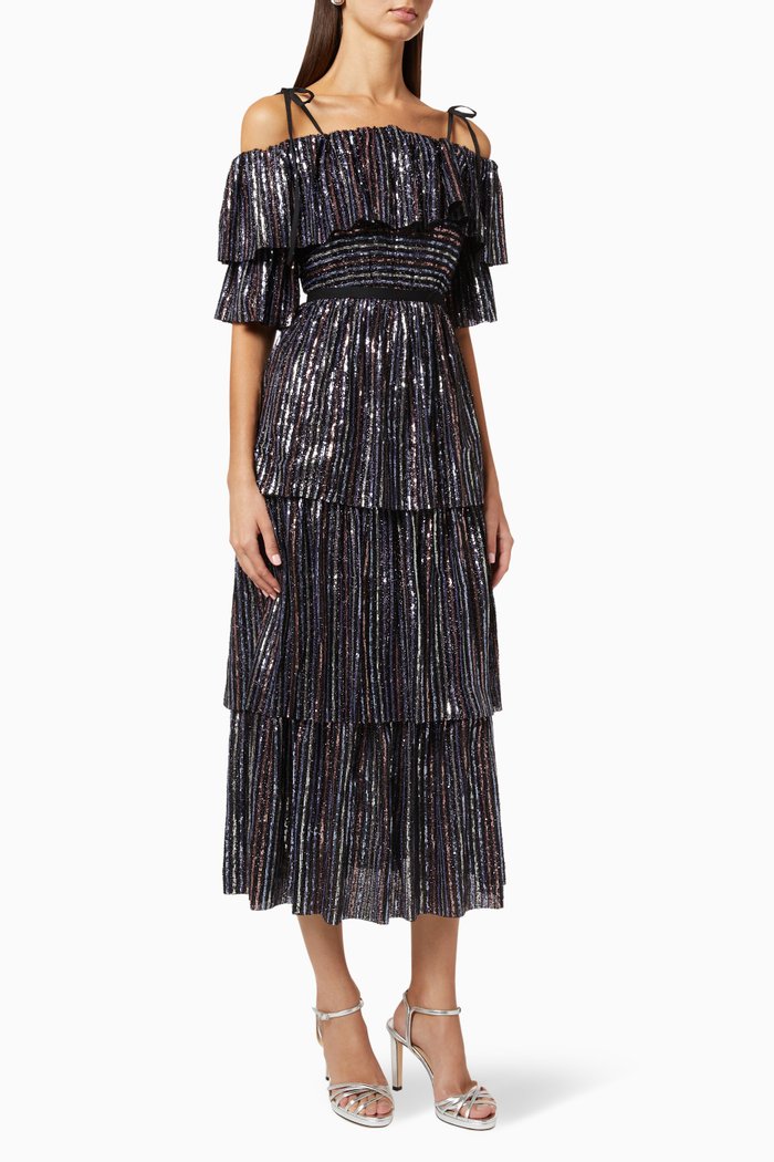 

Sequinned Off-The-Shoulder Tiered Dress, Multicolour