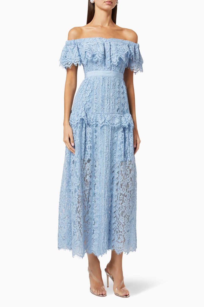 

Corded Off-The-Shoulder Lace Maxi Dress, Blue