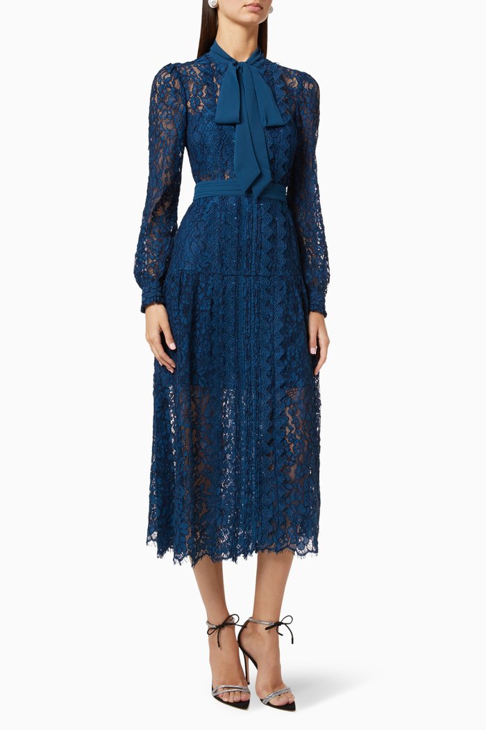 

Corded Pussybow Lace Midi Dress, Blue