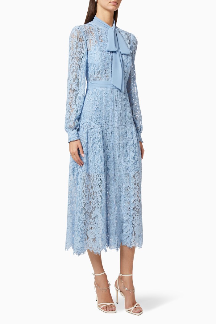 

Corded Pussybow Lace Midi Dress, Blue