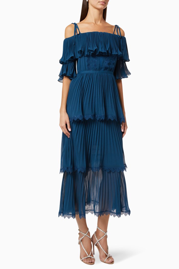 

Pleated Off-The-Shoulder Midi Dress, Blue