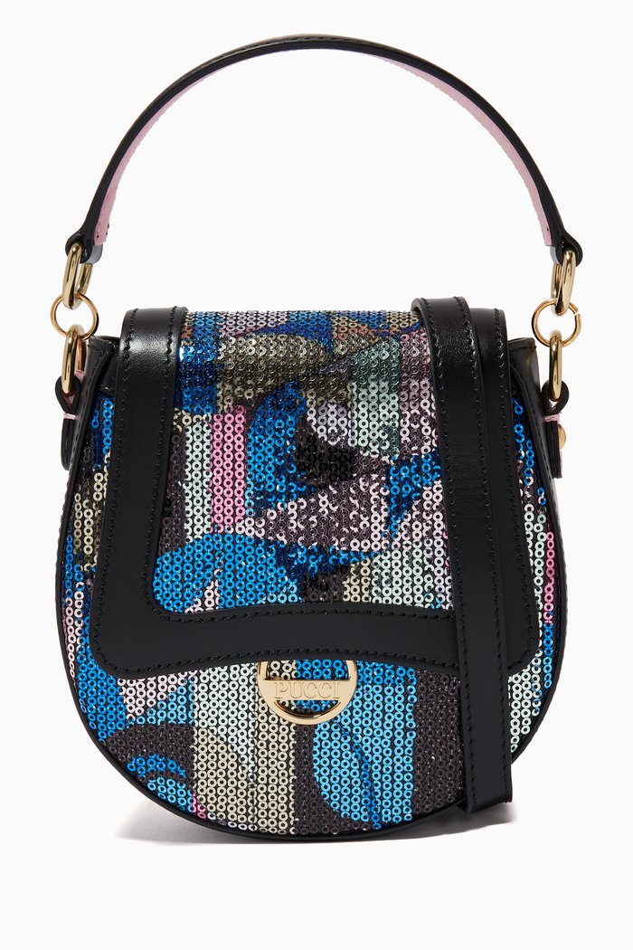 

Sequinned Shoulder Bag in Faux Leather, Blue