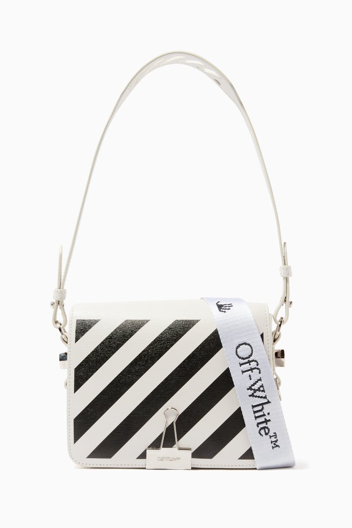 

Diagonal Stripe Flap Bag in Leather, White
