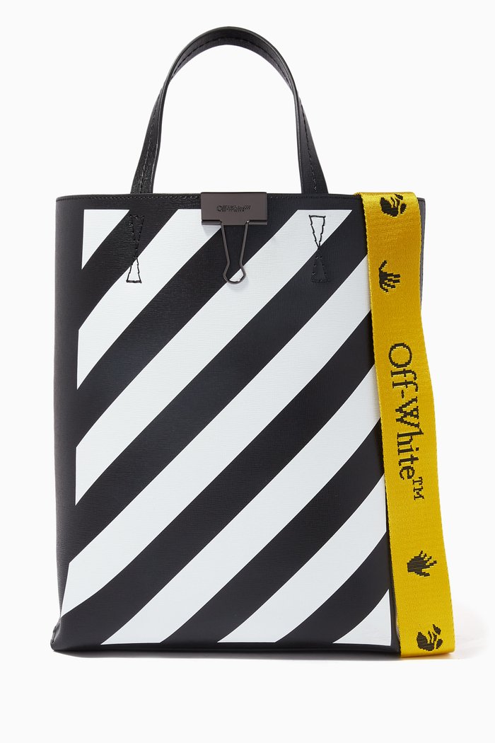 Diagonal Stripe Tote Bag in Leather, Black