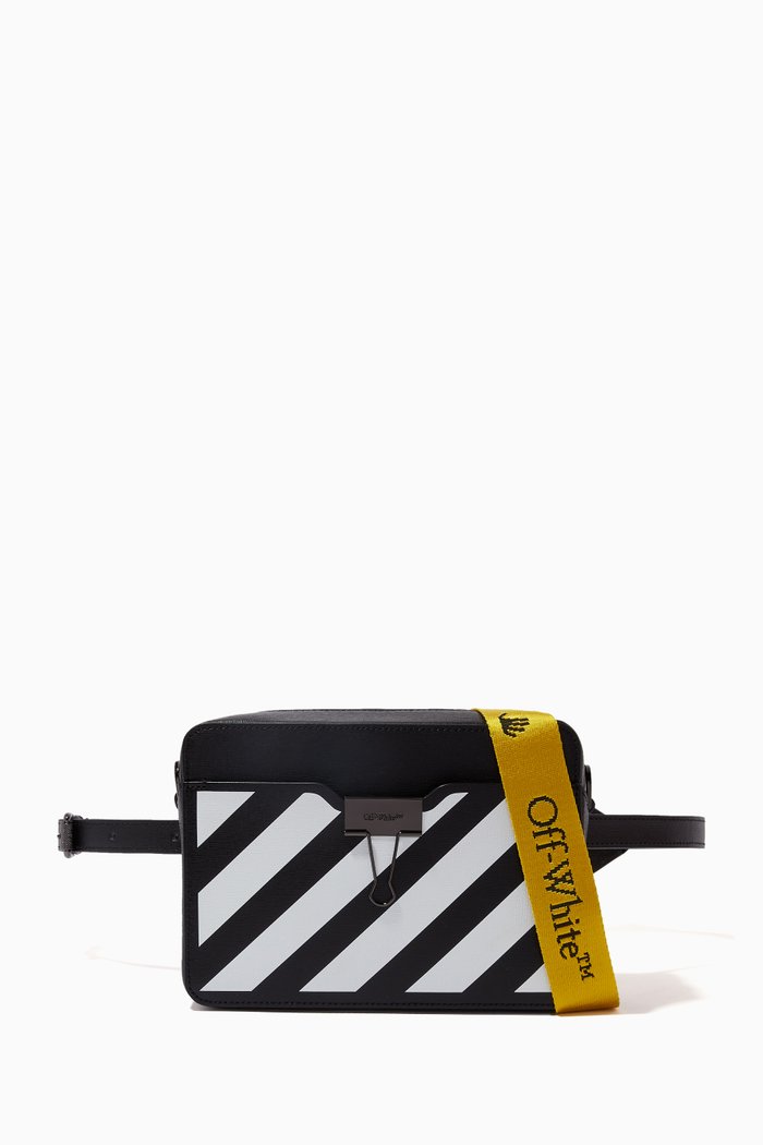 

Diagonal Stripe Camera Bag in Leather, Black