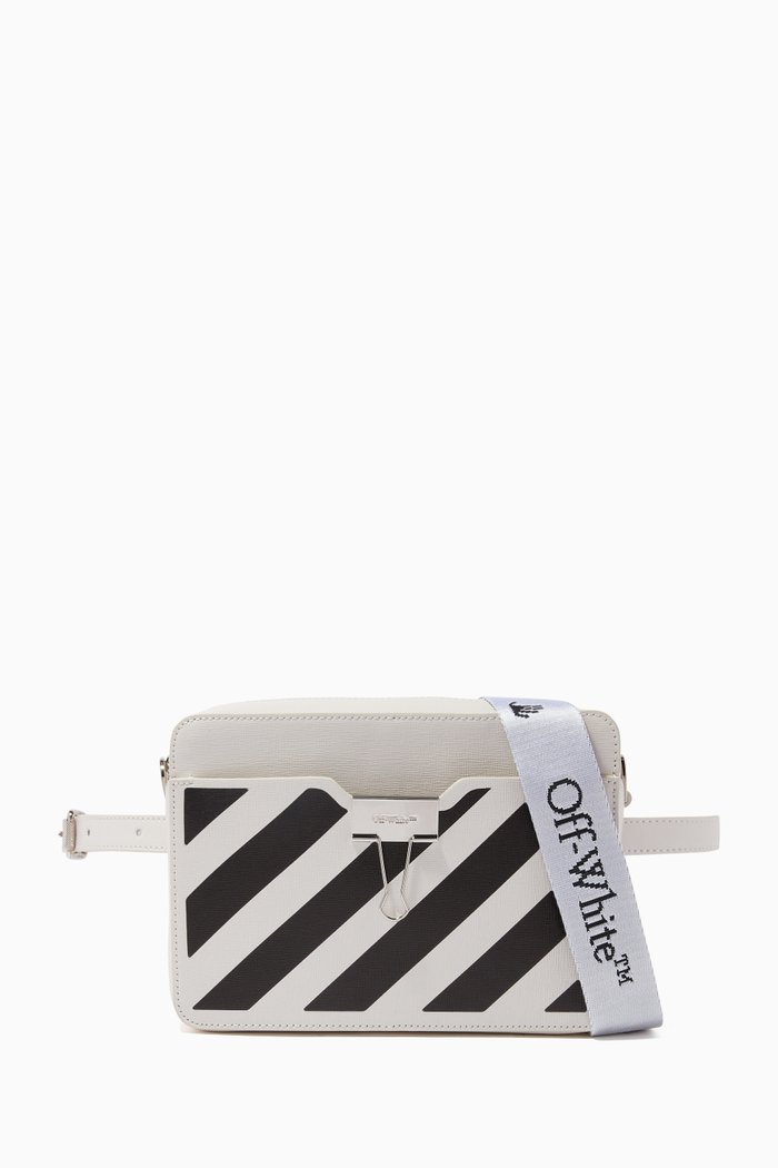 

Diagonal Stripe Camera Bag in Leather, White