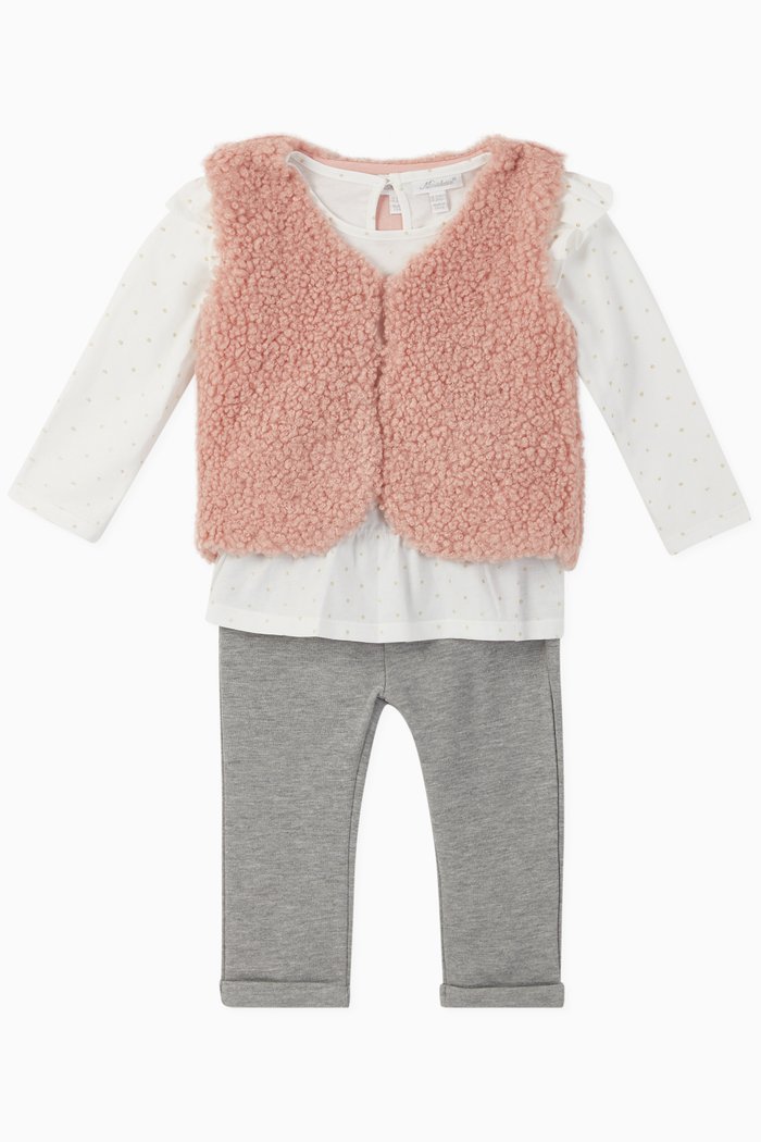 Faux Fur Vest with Top & Pants Set, Pink
