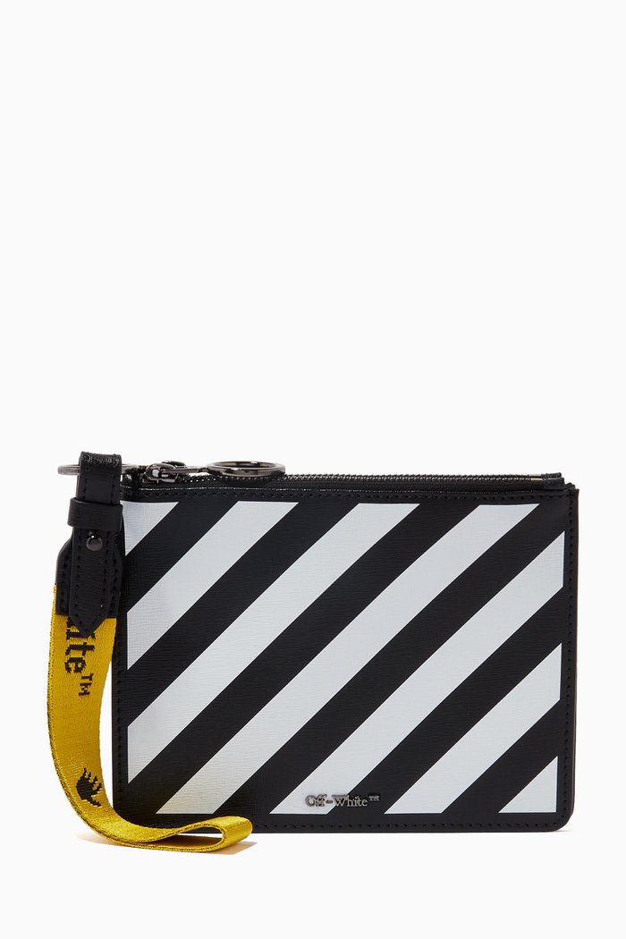 

Diagonal Stripe Zipped Pouch in Leather, Black