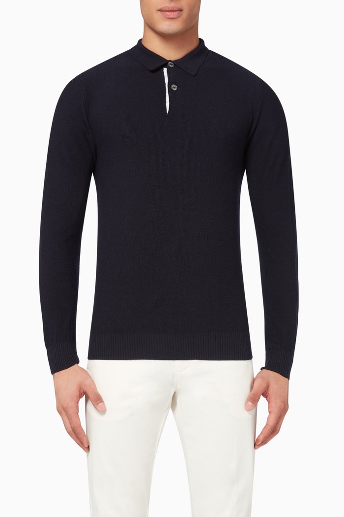 

Textured Wool Knit Polo, Blue