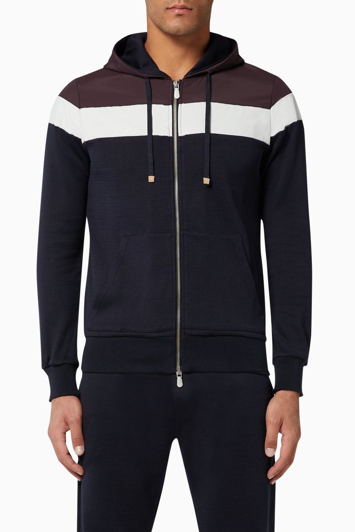 

Stripe Detail Stretch Cotton Hoodie, Blue